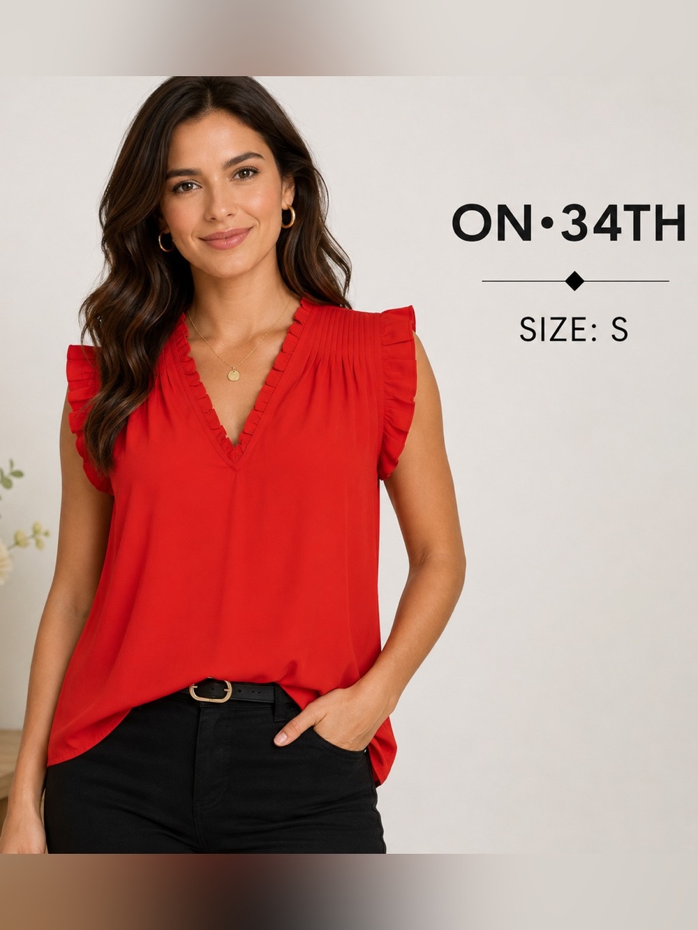 ON 34th Red Ruffle V-Neck Sleeveless feminine style Blouse Size S